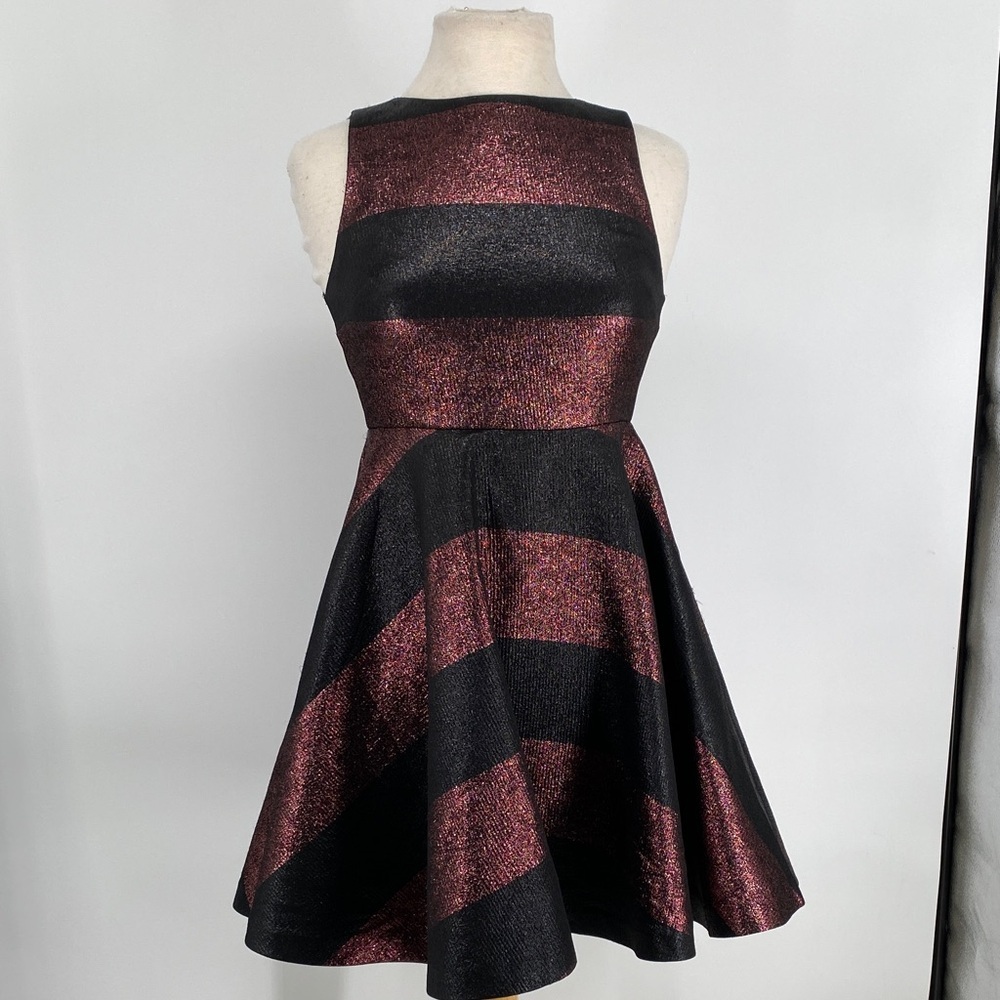 Alice + Olivia Black and Metallic Burgundy Striped Fit & Flare Mini Dress